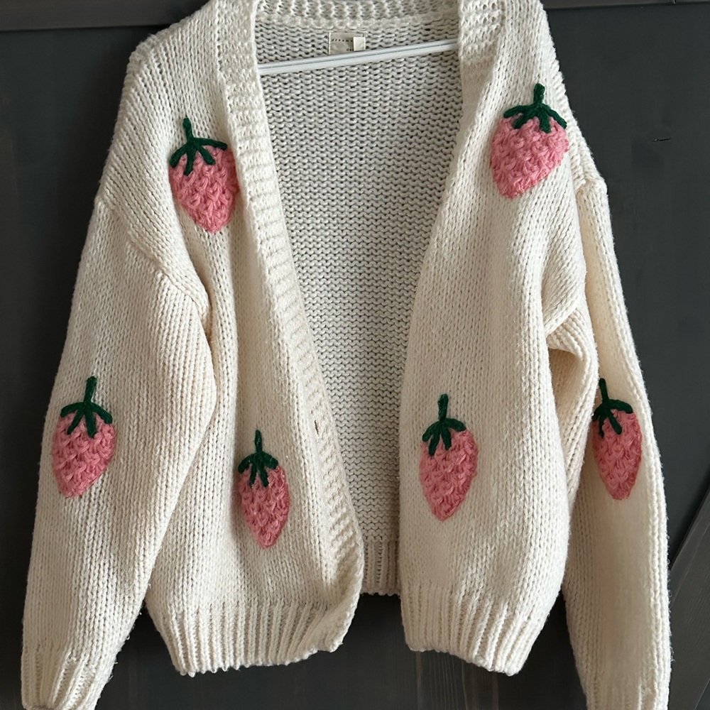 Cream Strawberry Embroidered Cardigan